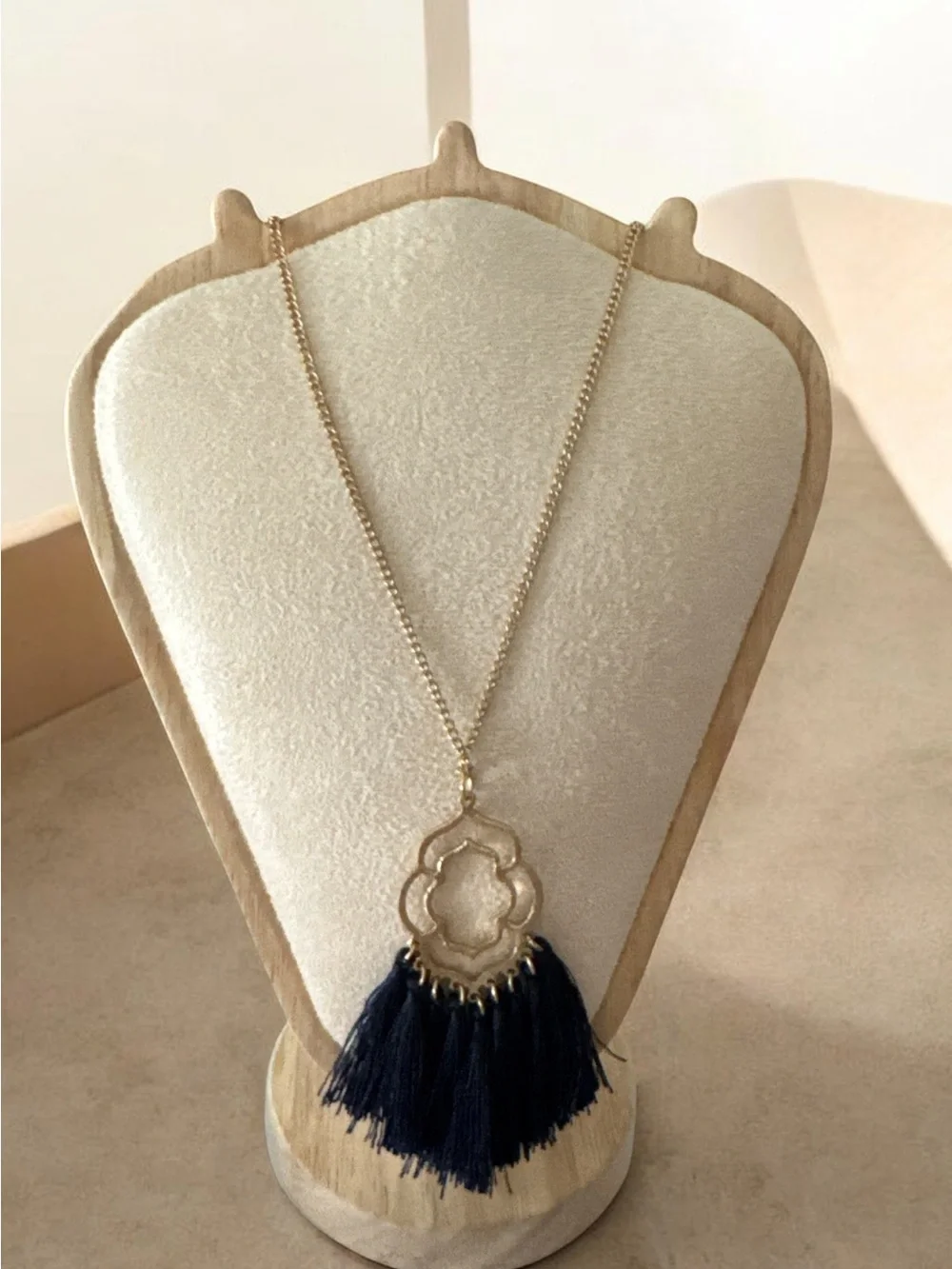 Gold Pendant Necklace with Navy Tassel